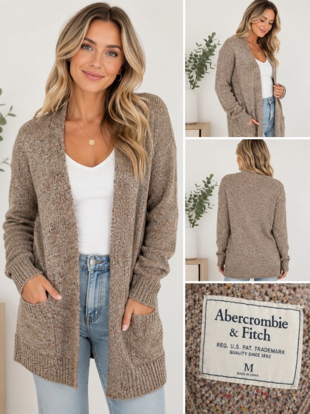Abercrombie & Fitch Womens Cardigan M Taupe Marled Knit Open Front Pockets